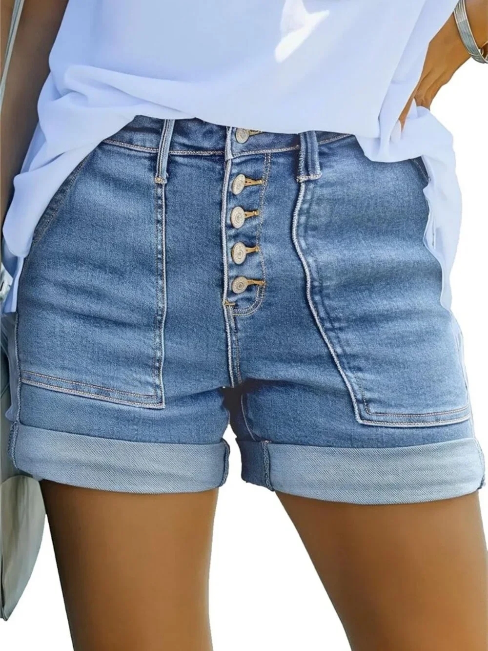 High Waisted Jean Shorts for Women | Stretchy, Buttoned, Folded Hem Denim Shorts